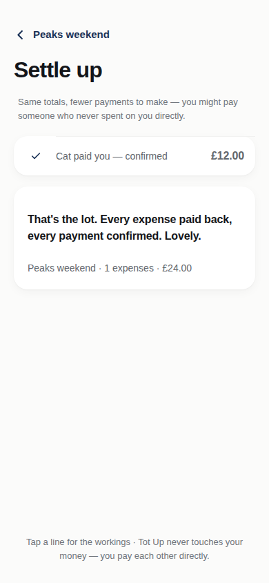 The all-settled moment: a tick, and the line “That’s the lot. Every expense paid back, every payment confirmed.”